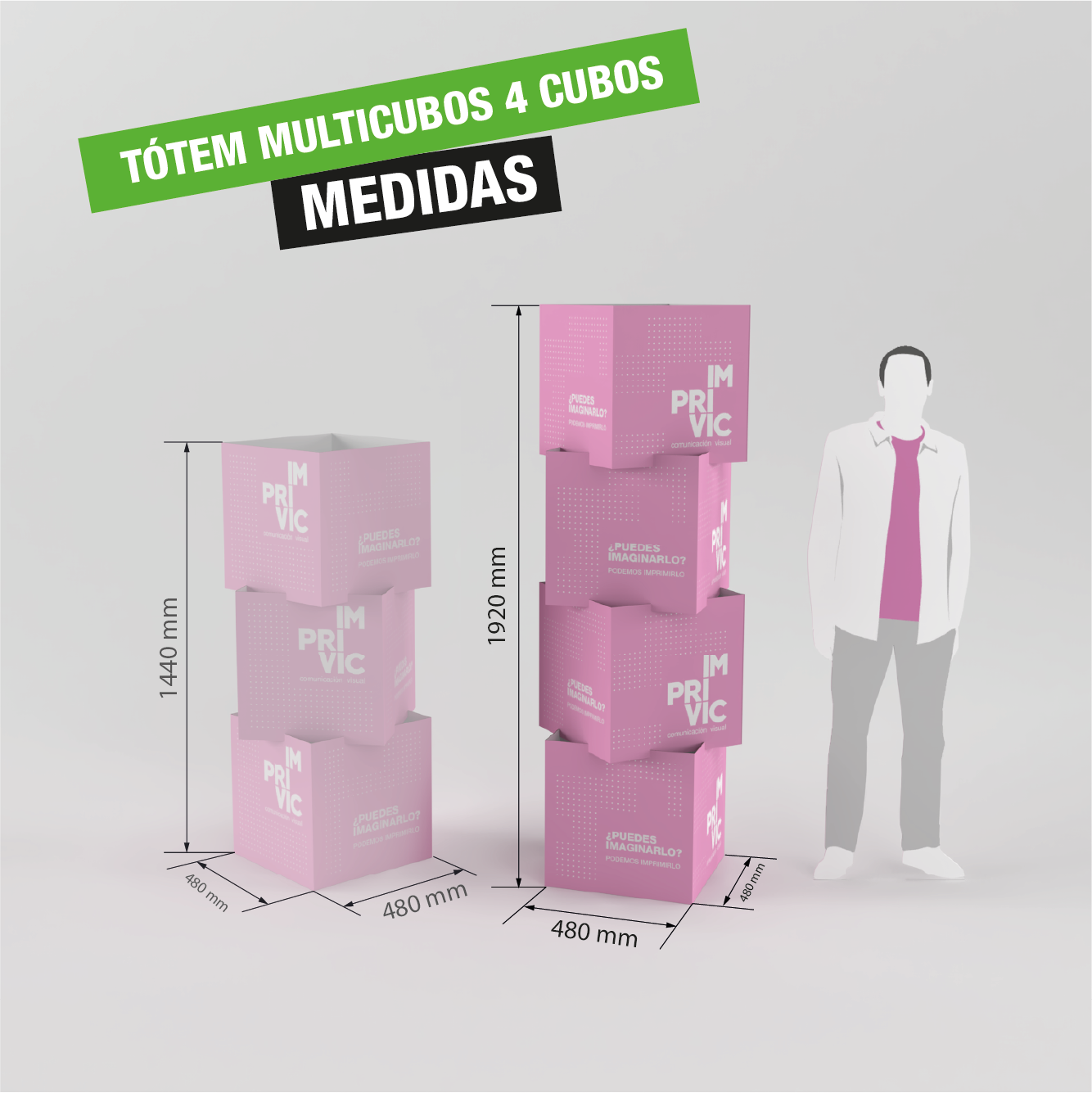 Tótem Multicubos de 4 cubos apilables, fácil de montar, ideal para exhibición de productos en puntos de venta.